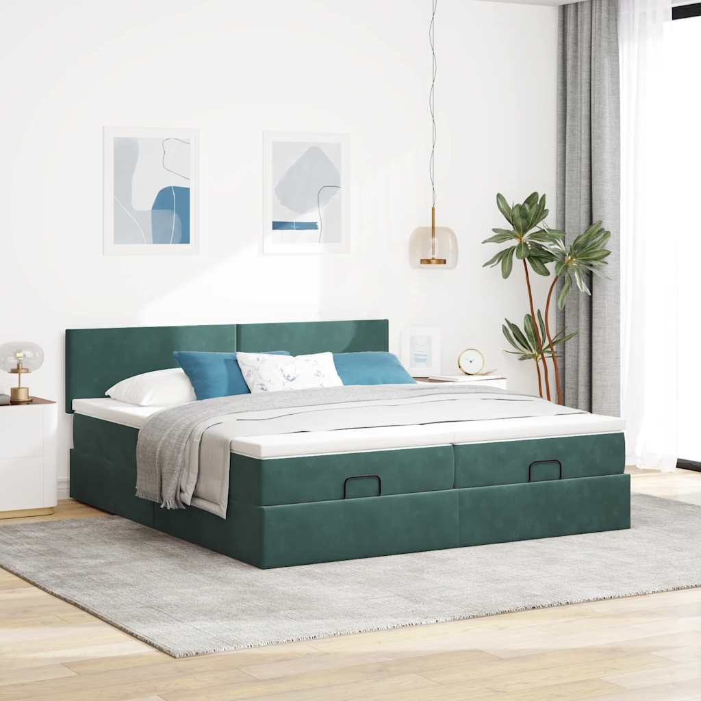 Ottoman-Bett mit Matratzen & LEDs Dunkelgrün 180x200 cm Samt