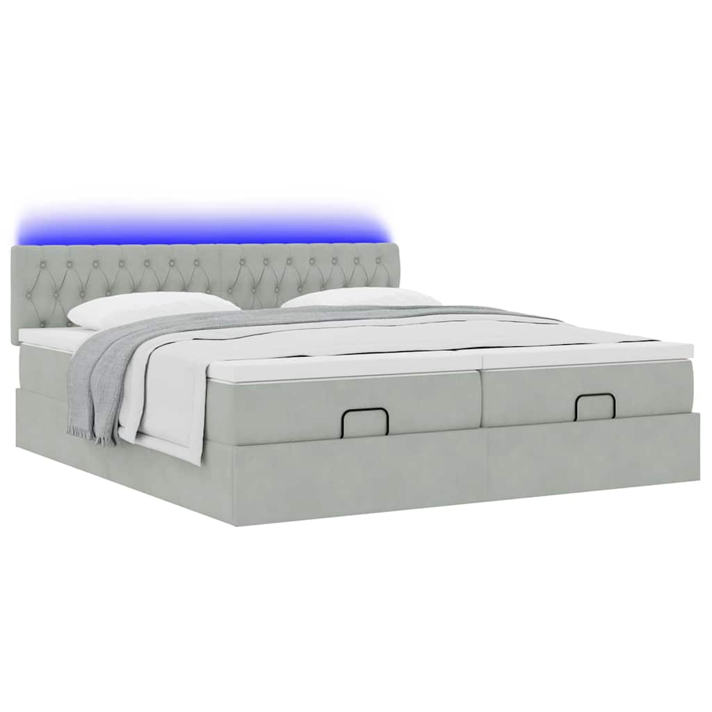 Ottoman-Bett mit Matratzen & LEDs Hellgrau 200x200 cm Samt