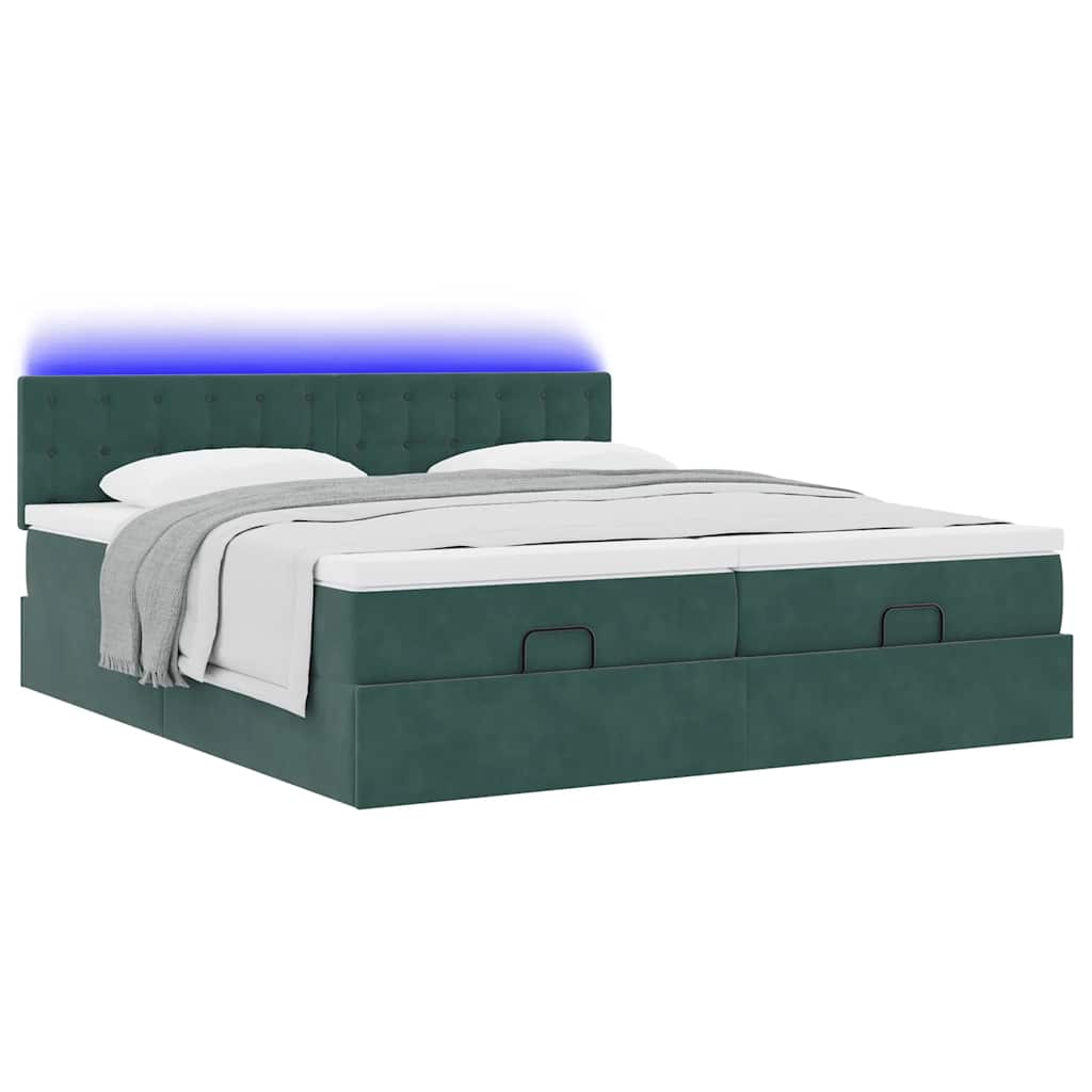 Ottoman-Bett mit Matratzen & LEDs Dunkelgrün 180x200 cm Samt