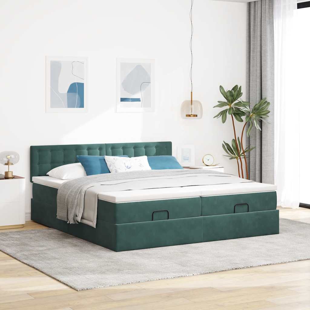 Ottoman-Bett mit Matratzen & LEDs Dunkelgrün 200x200 cm Samt