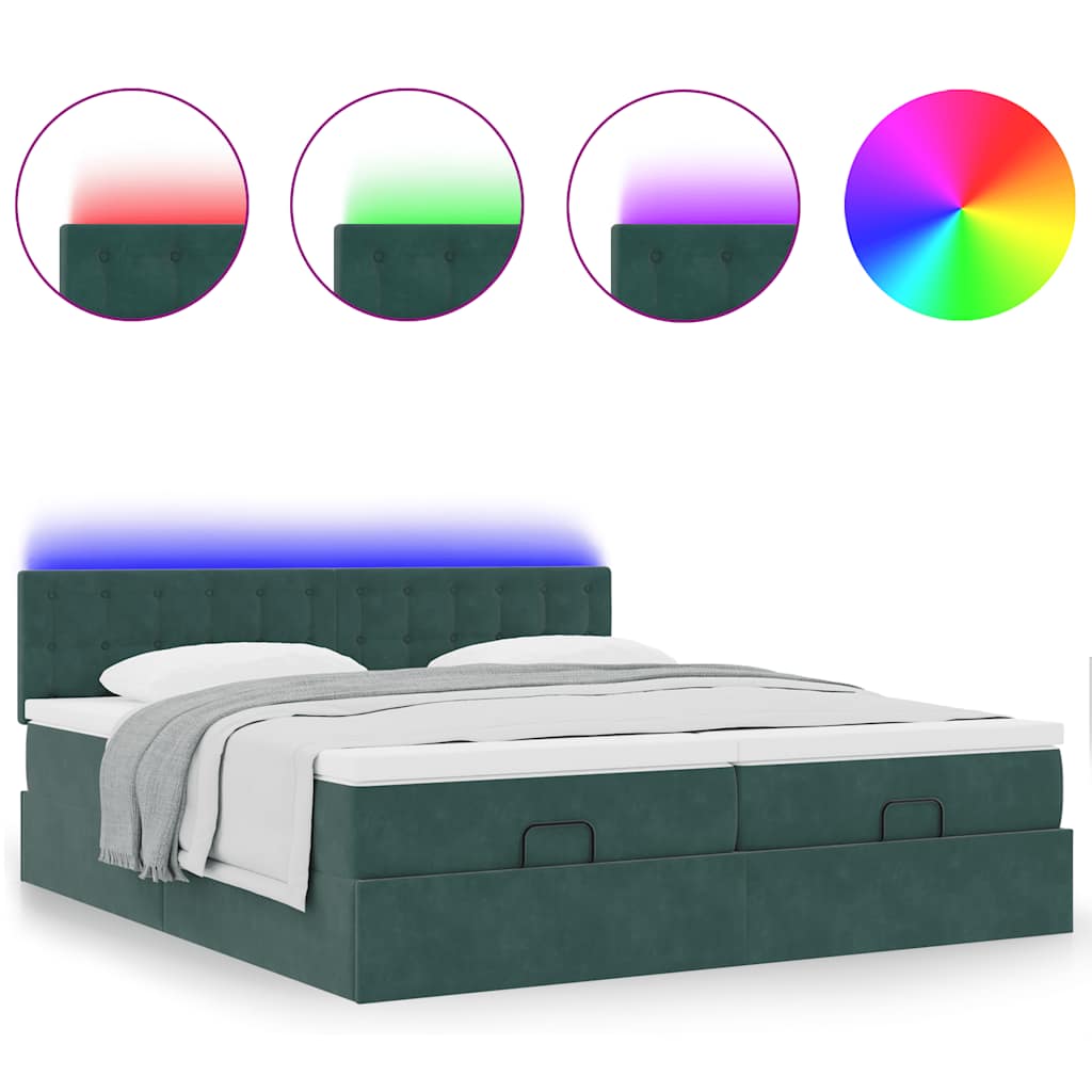 Ottoman-Bett mit Matratzen & LEDs Dunkelgrün 200x200 cm Samt