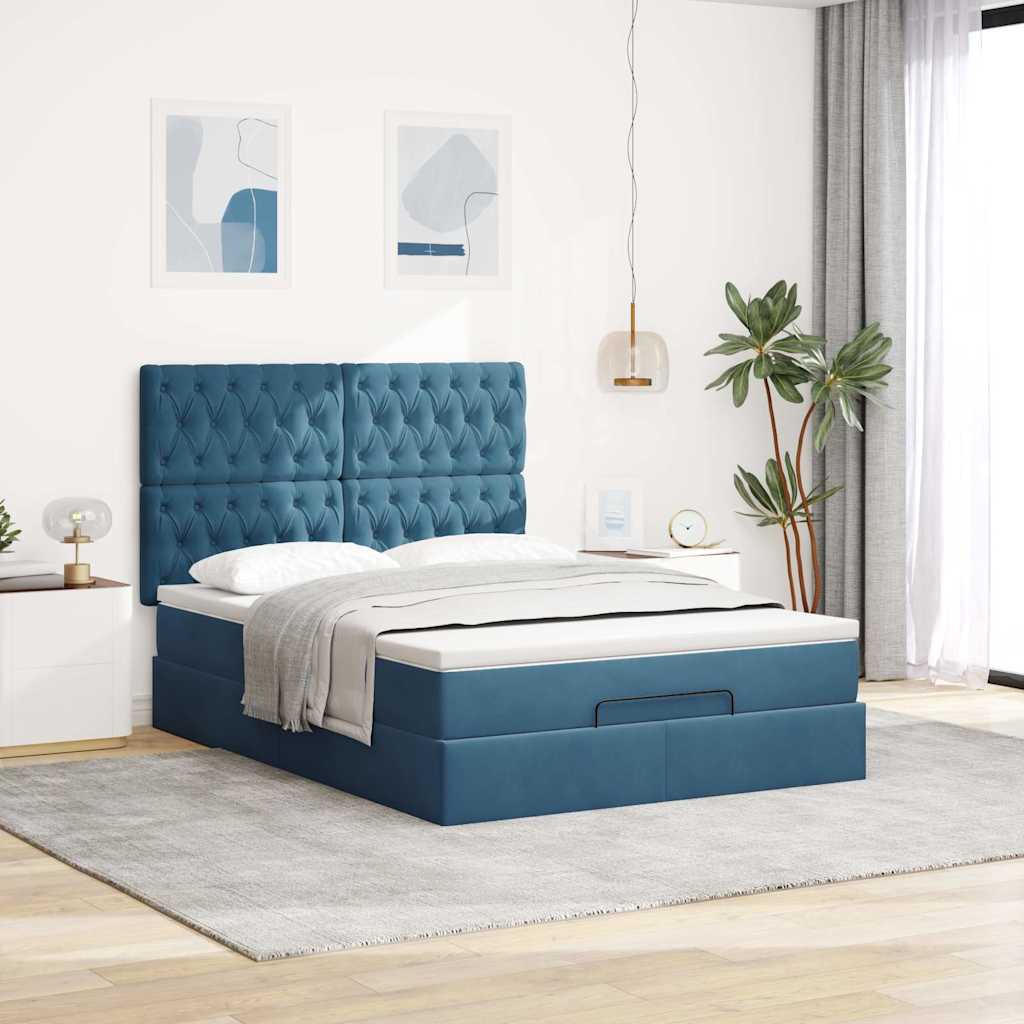 Lit ottoman avec matelas bleu foncé 140x190 cm velours