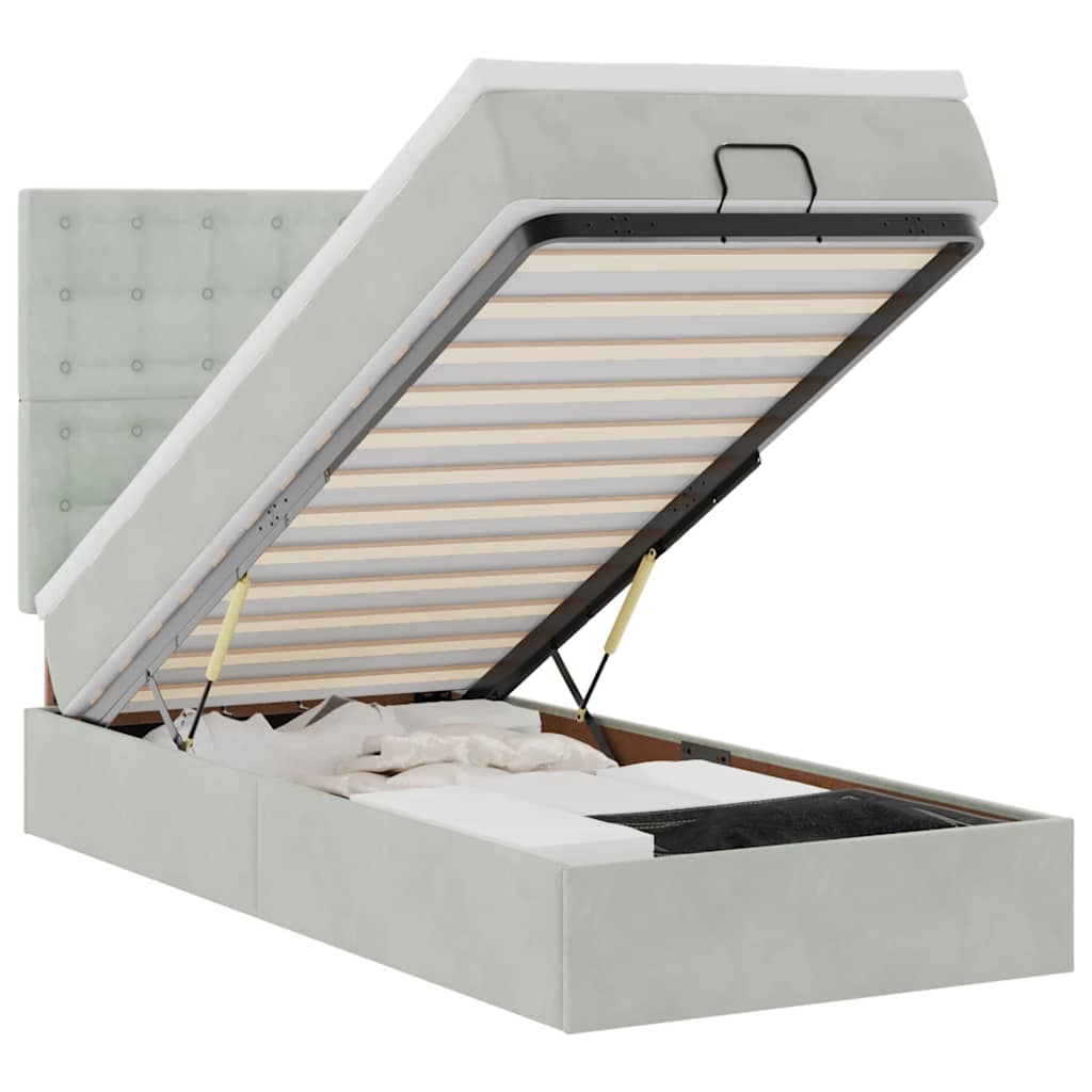 Ottoman bed with mattress light grey 90x200 cm velvet