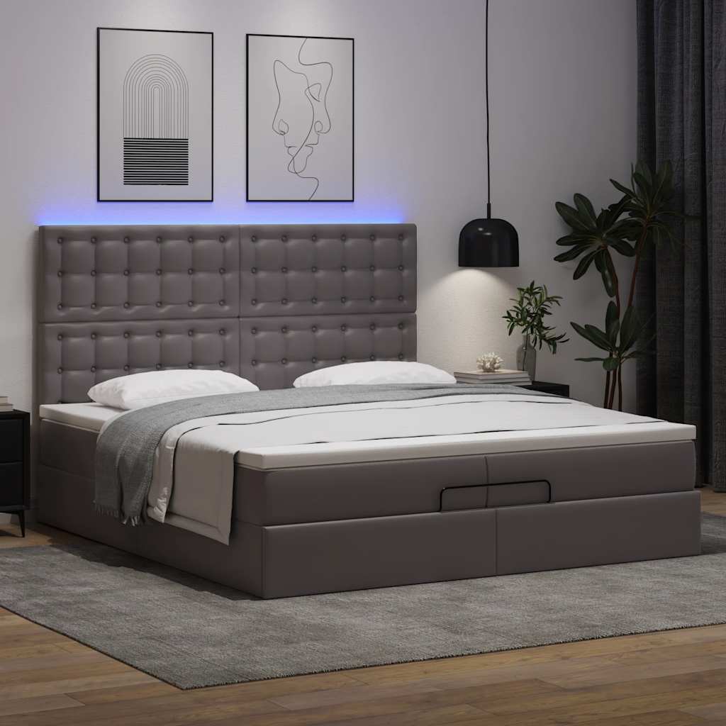 Ottoman-Bett mit Matratzen & LEDs Grau 200x200 cm Kunstleder
