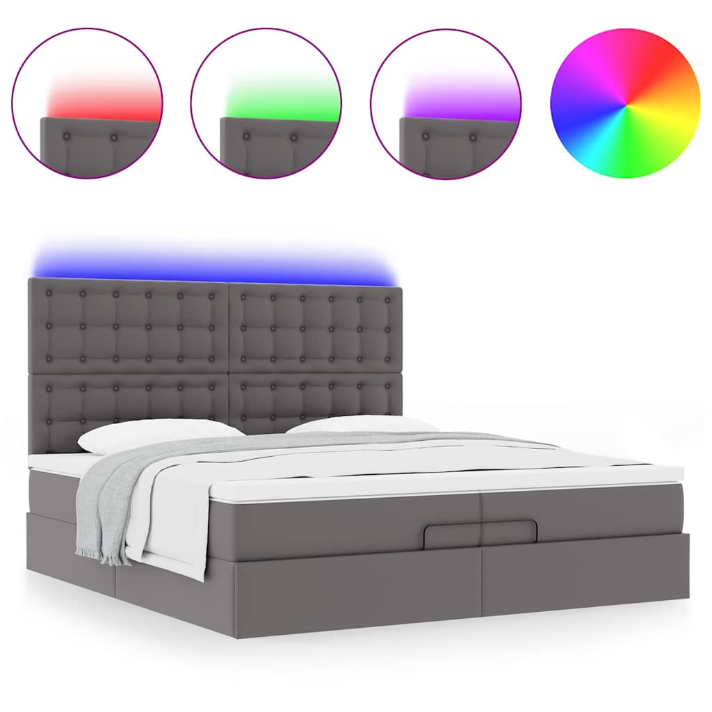 Ottoman-Bett mit Matratzen & LEDs Grau 200x200 cm Kunstleder