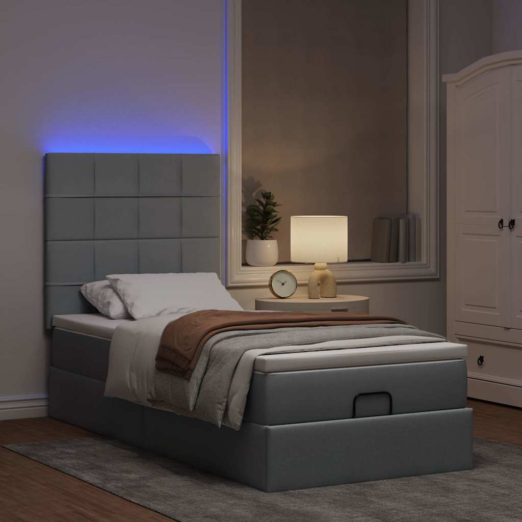 Ottomane Bett mit Matratze & LEDs Hellgrau 90x200 cm Stoff