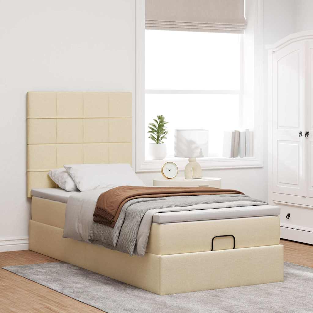 Ottomane Bett mit Matratze & LEDs Creme 90x200 cm Stoff