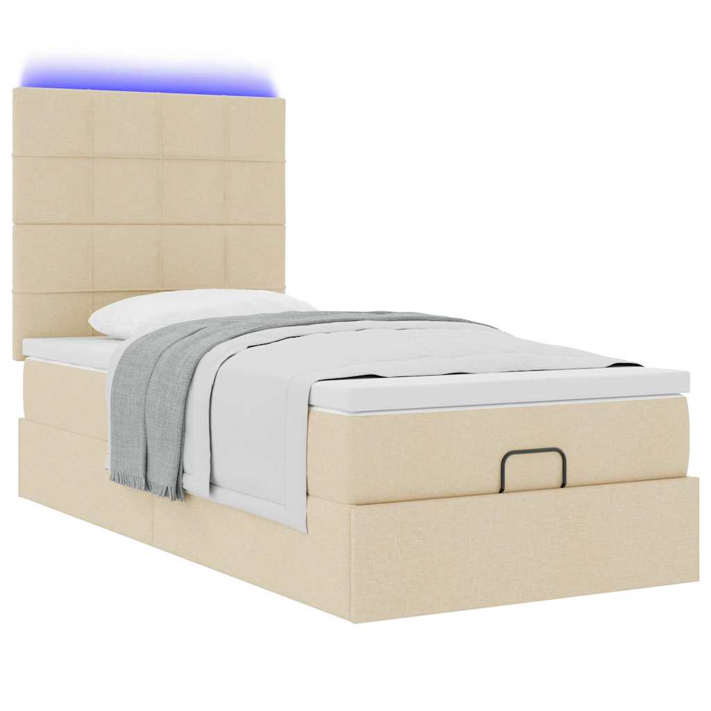 Ottomane Bett mit Matratze & LEDs Creme 90x200 cm Stoff