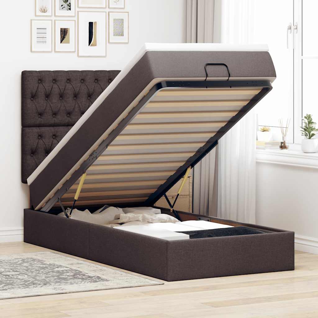 Ottomane Bett mit Matratze & LEDs Dunkelbraun 90x200 cm Stoff