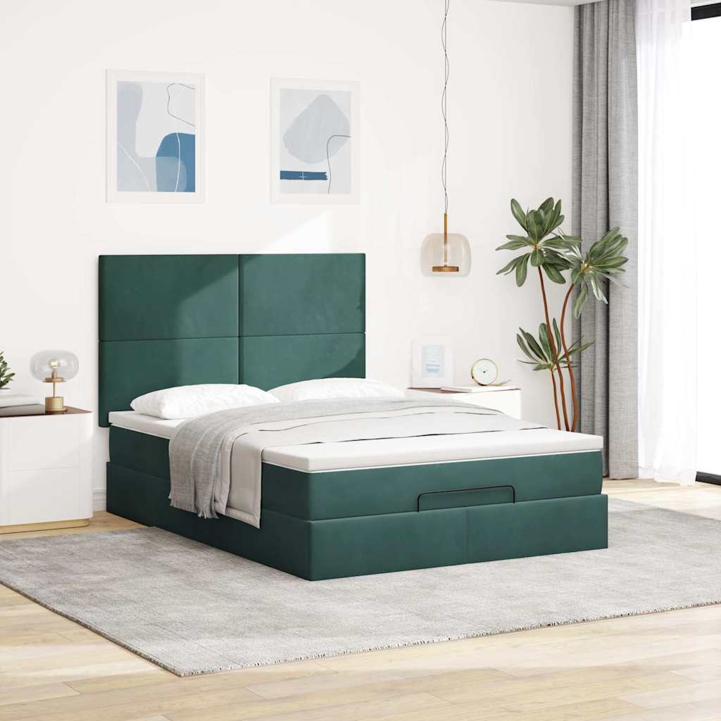 Ottoman-Bett mit Matratzen & LEDs Dunkelgrün 140x200 cm Samt