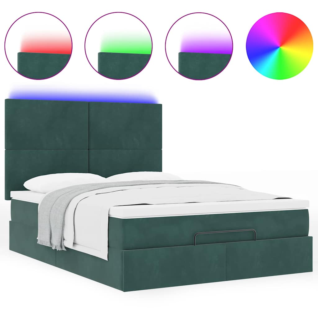 Ottoman-Bett mit Matratzen & LEDs Dunkelgrün 140x200 cm Samt
