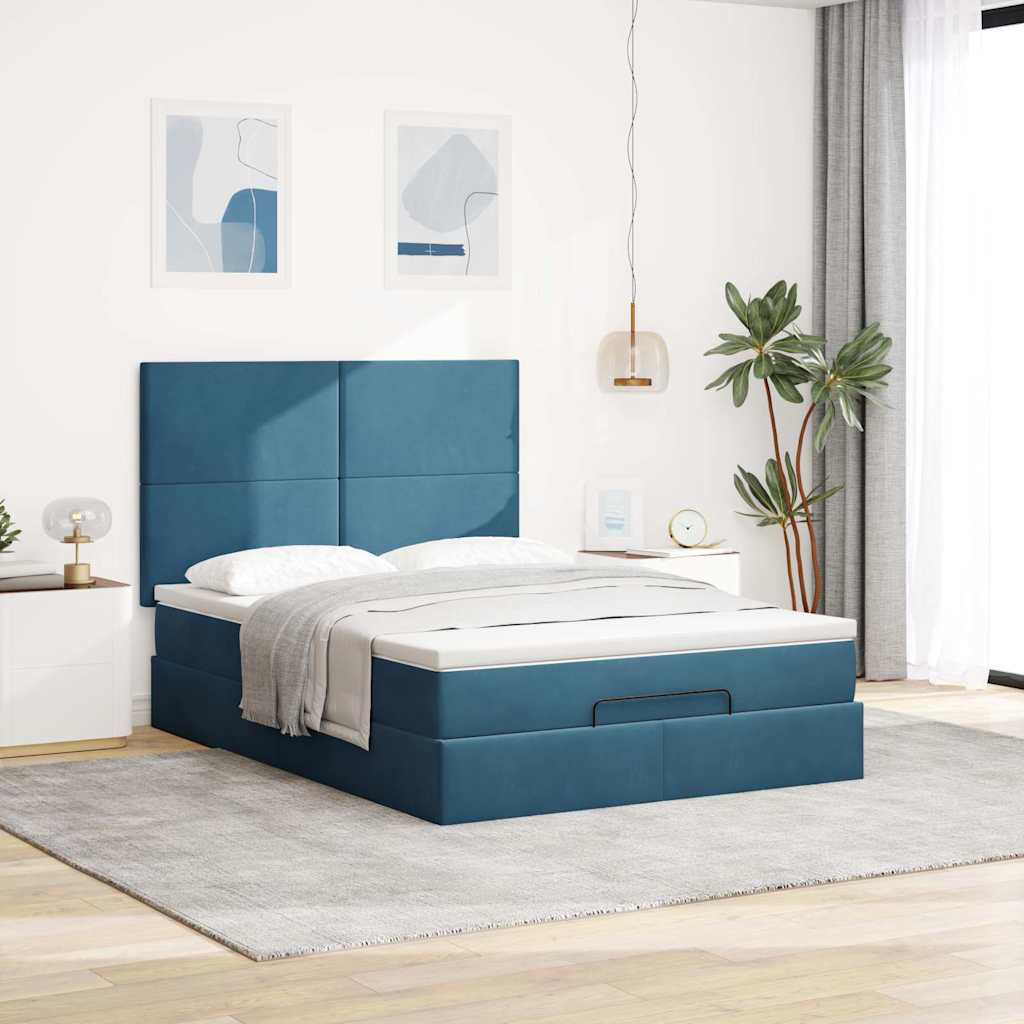 Ottoman-Bett mit Matratzen & LEDs Dunkelblau 140x200 cm Samt