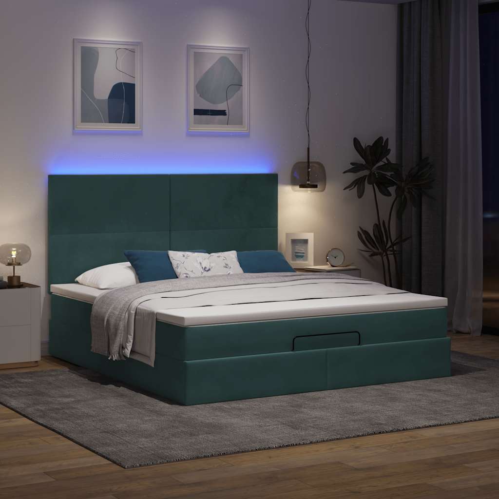 Ottoman-Bett mit Matratzen & LEDs Dunkelgrün 180x200 cm Samt