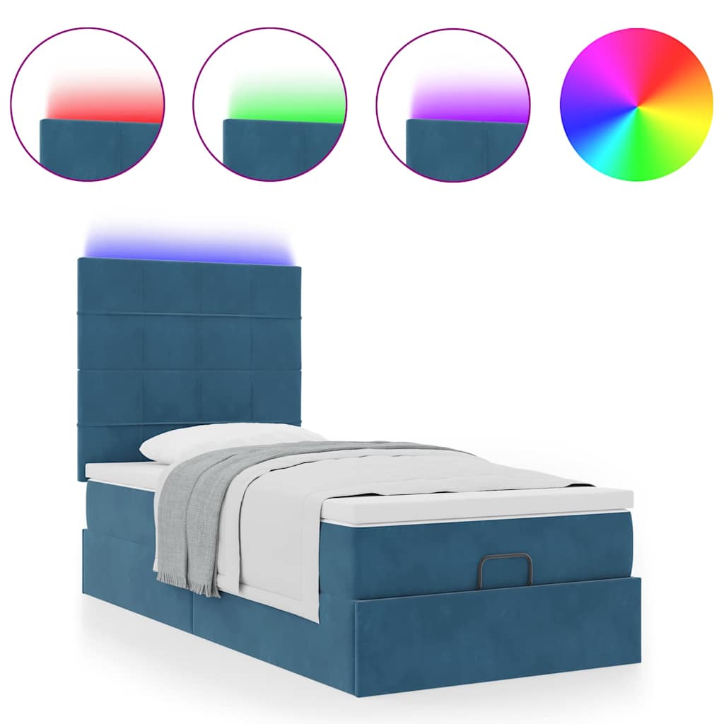 Ottoman-Bett mit Matratzen & LEDs Dunkelblau 90x200 cm Samt