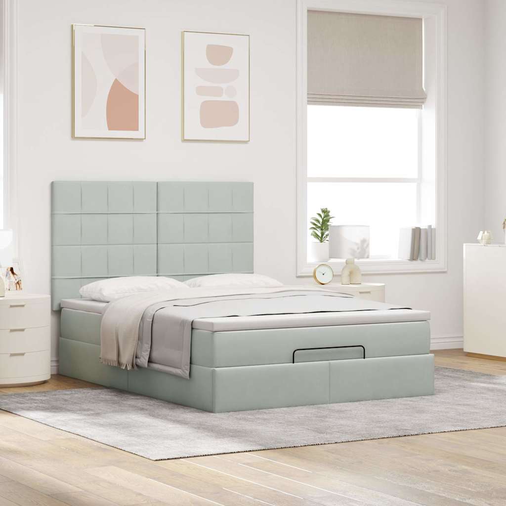 Ottoman-Bett mit Matratzen & LEDs Hellgrau 140x200 cm Samt