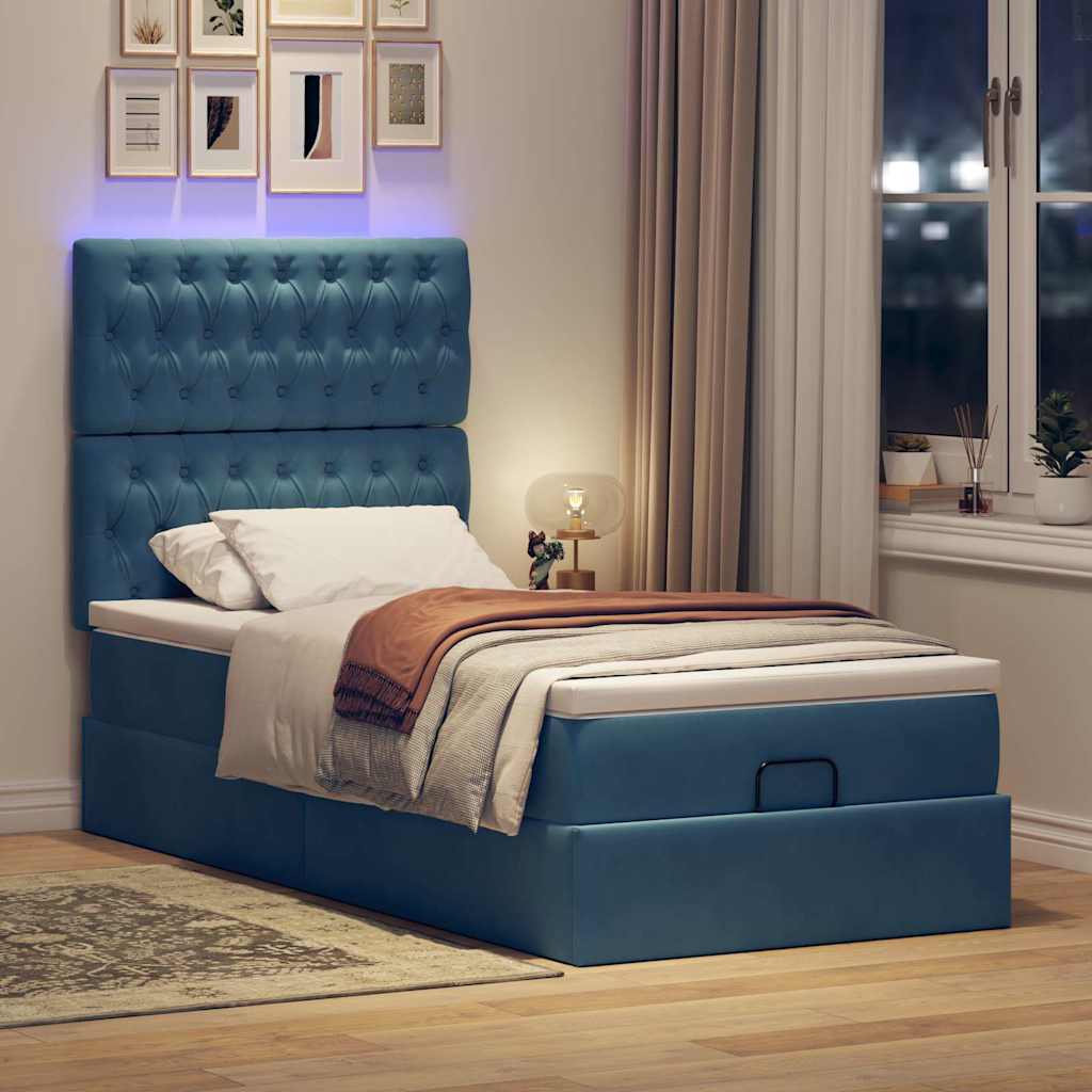 Lit ottoman avec matelas et LED bleu foncé 90x200 cm velours