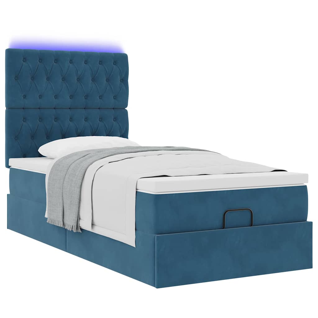 Lit ottoman avec matelas et LED bleu foncé 90x200 cm velours