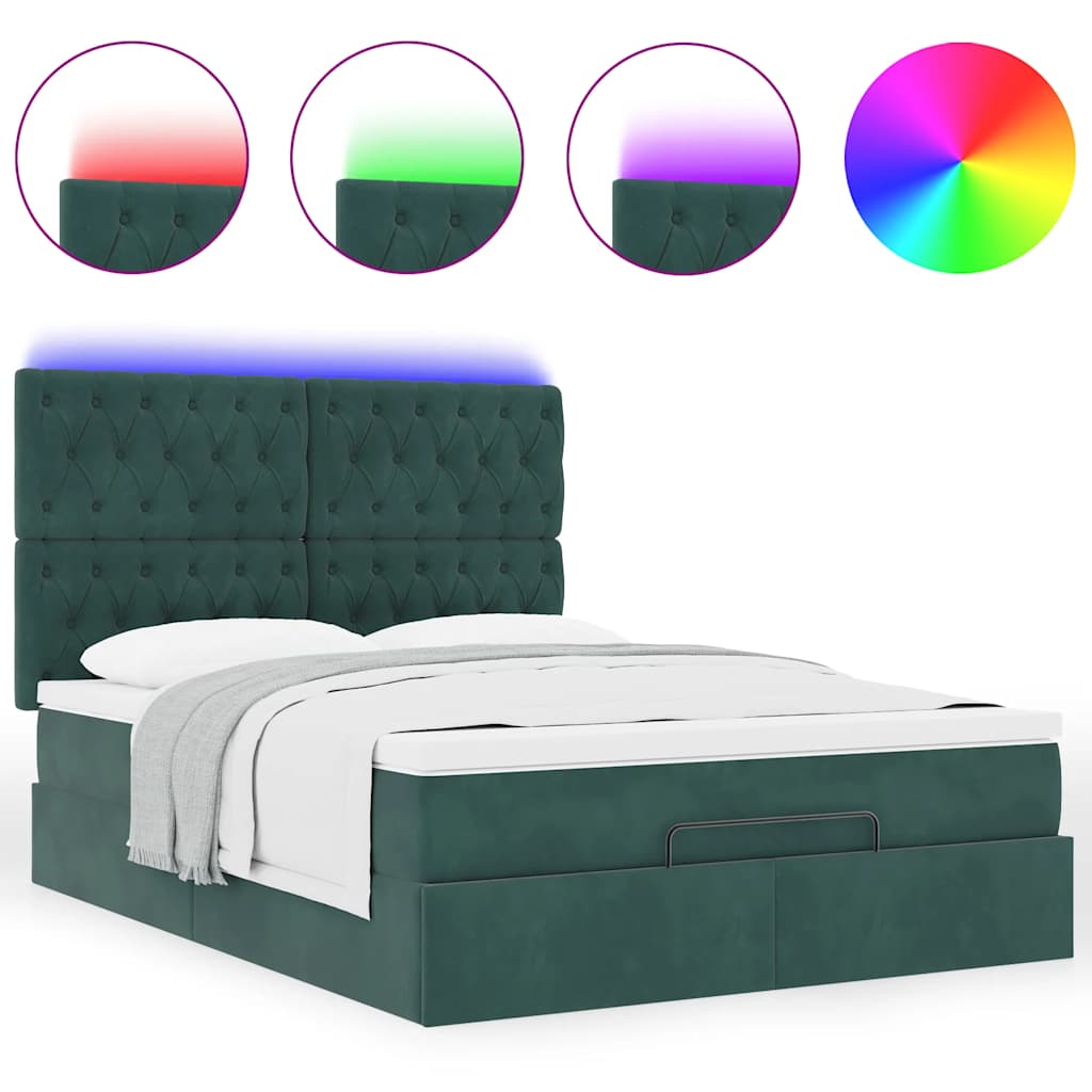 Ottoman-Bett mit Matratzen & LEDs Dunkelgrün 140x200 cm Samt