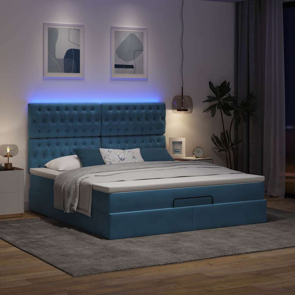 Ottoman-Bett mit Matratzen & LEDs Dunkelblau 160x200 cm Samt