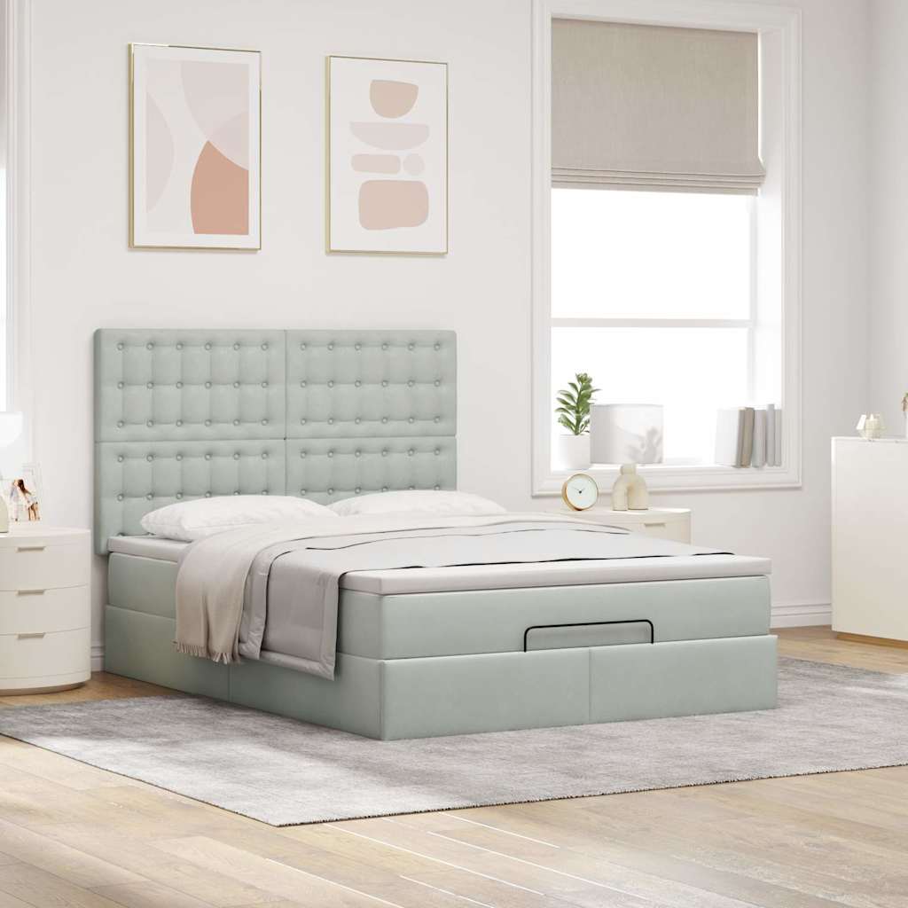 Ottoman-Bett mit Matratzen & LEDs Hellgrau 140x200 cm Samt