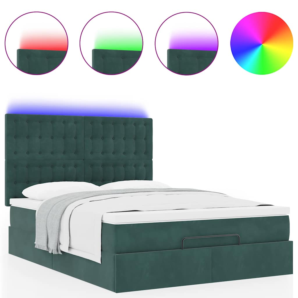 Ottoman-Bett mit Matratzen & LEDs Dunkelgrün 140x200 cm Samt