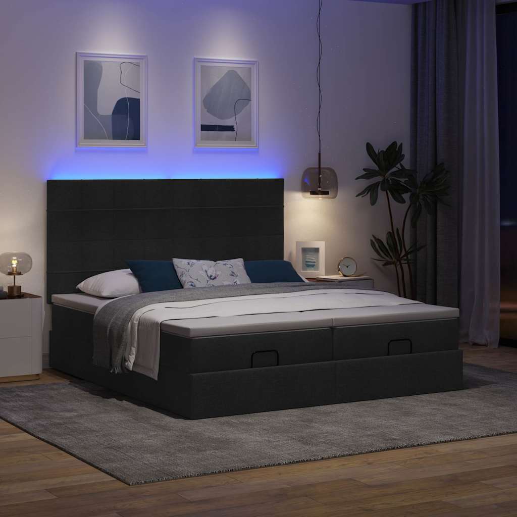 Lit ottoman avec matelas et LED Tissu noir 180x200 cm