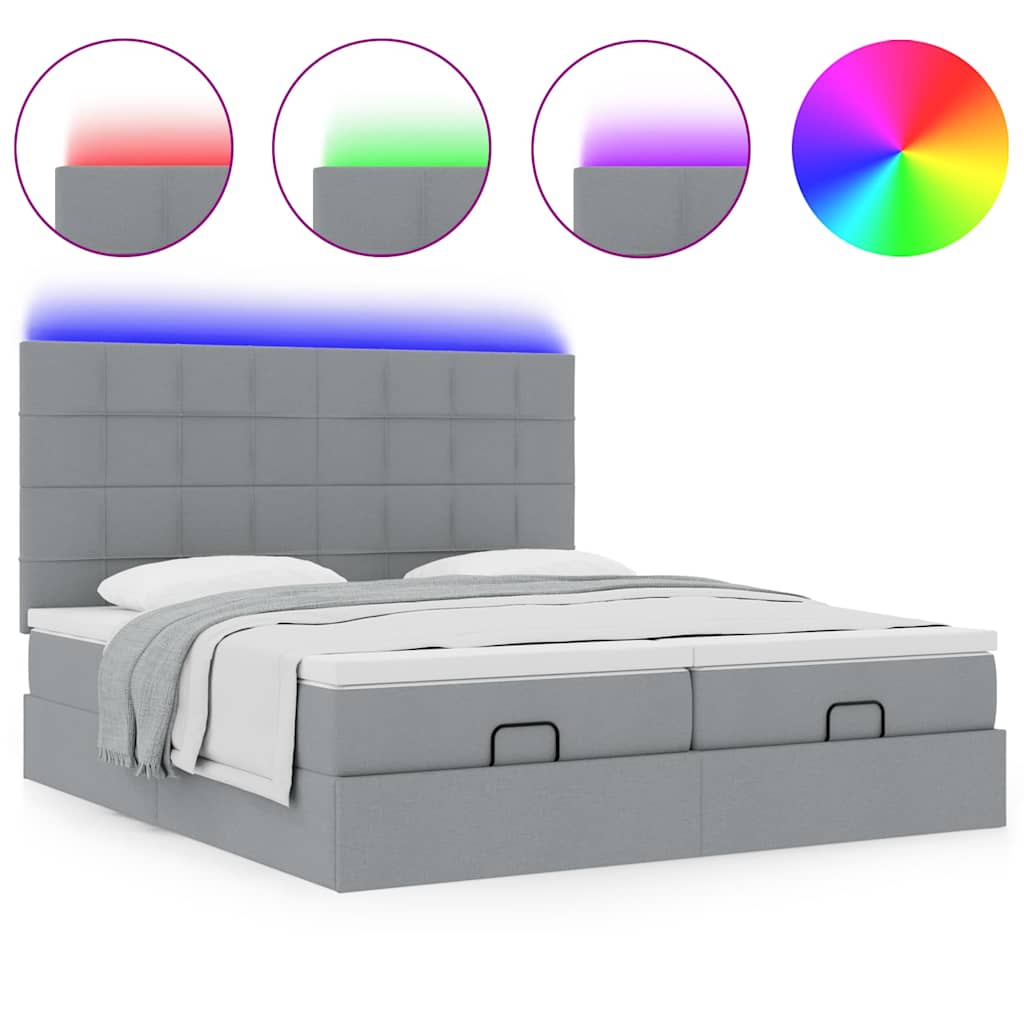 Ottoman-Bett mit Matratzen & LEDs Hellgrau 200x200 cm Stoff