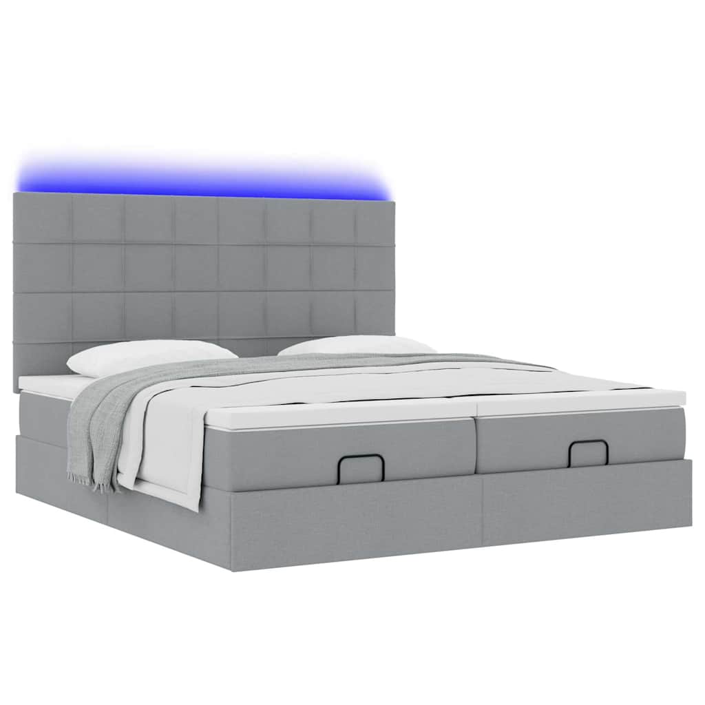 Ottoman-Bett mit Matratzen & LEDs Hellgrau 200x200 cm Stoff