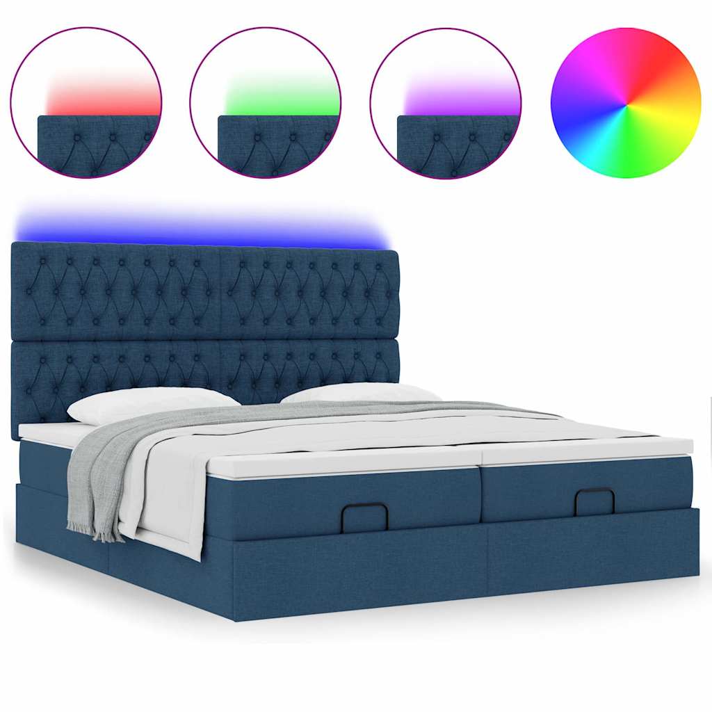 Ottoman-Bett mit Matratzen & LEDs Blau 200x200 cm Stoff
