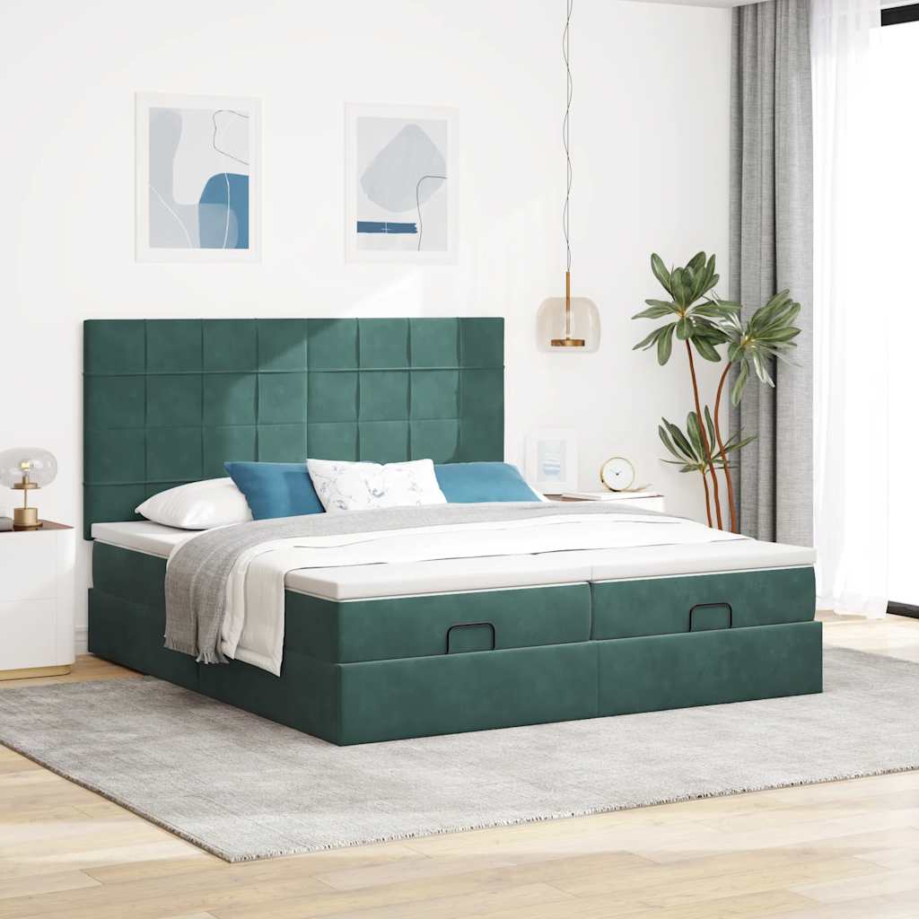 Ottoman-Bett mit Matratzen & LEDs Dunkelgrün 180x200 cm Samt