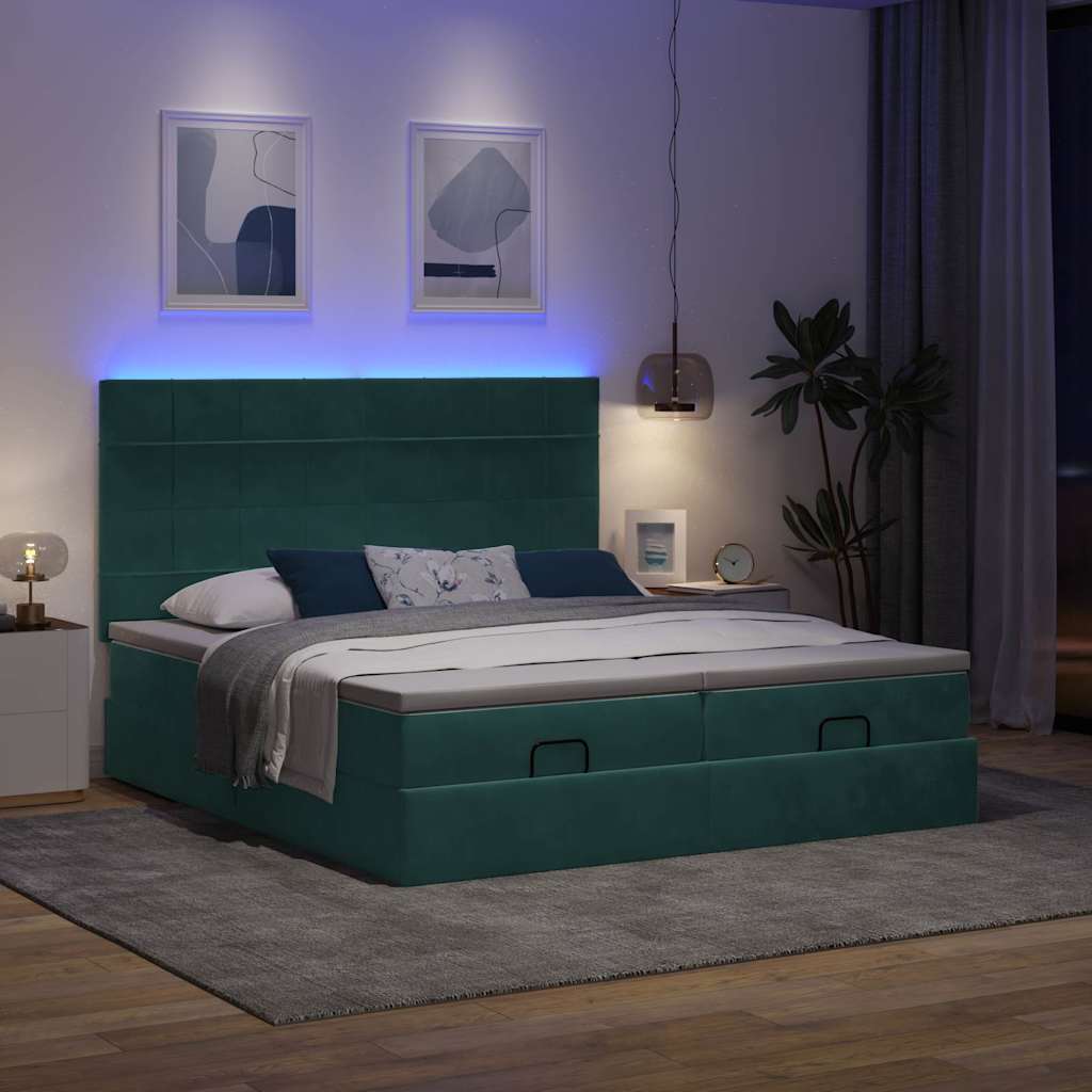 Ottoman-Bett mit Matratzen & LEDs Dunkelgrün 200x200 cm Samt