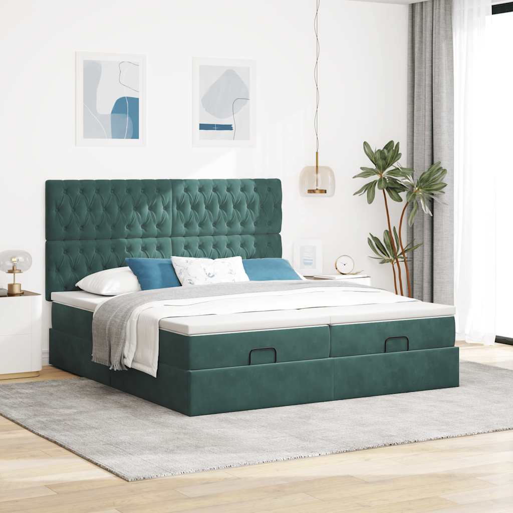 Ottoman-Bett mit Matratzen & LEDs Dunkelgrün 180x200 cm Samt
