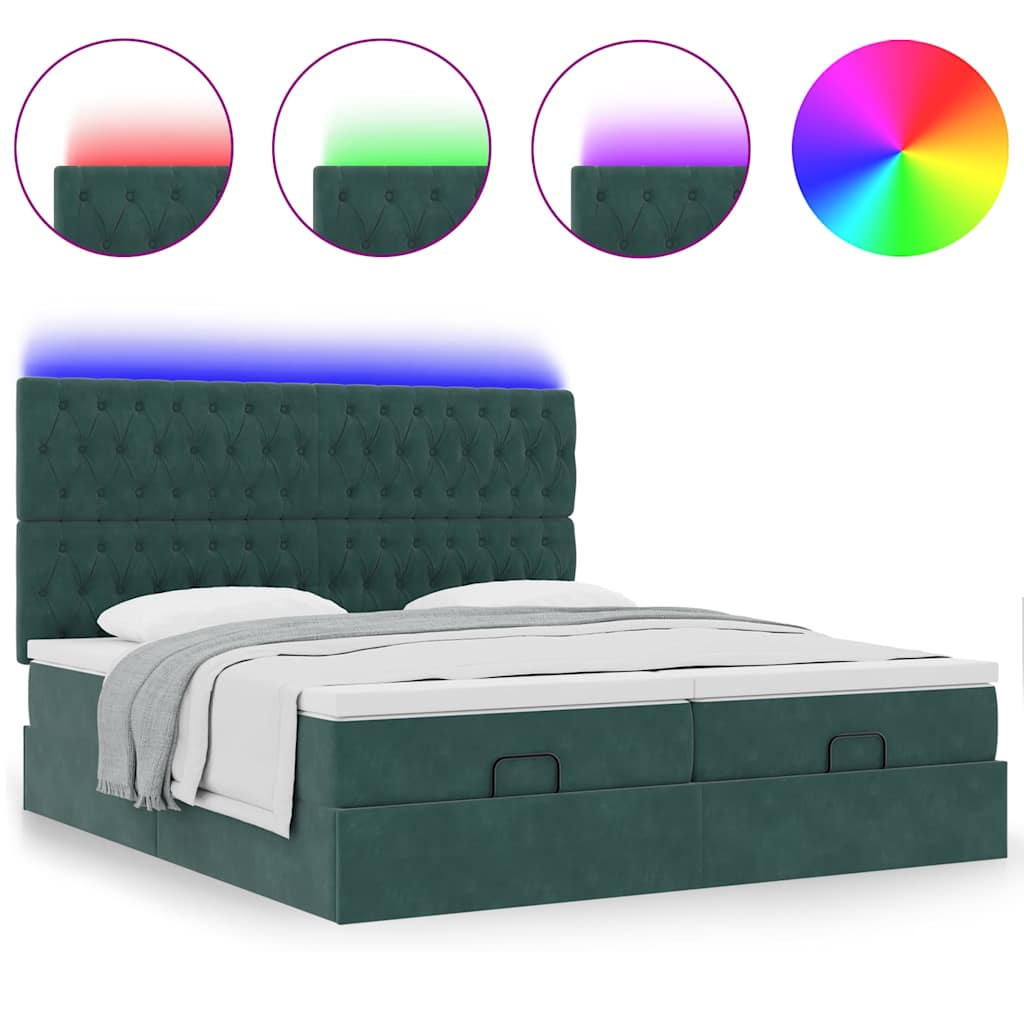 Ottoman-Bett mit Matratzen & LEDs Dunkelgrün 200x200 cm Samt