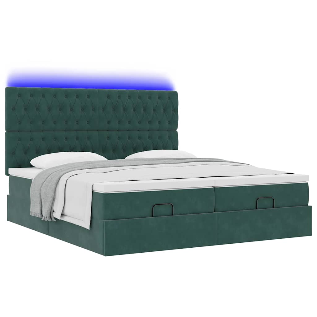 Ottoman-Bett mit Matratzen & LEDs Dunkelgrün 200x200 cm Samt