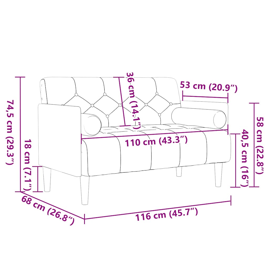 Canapé deux places avec traversins, velours gris clair 110 cm