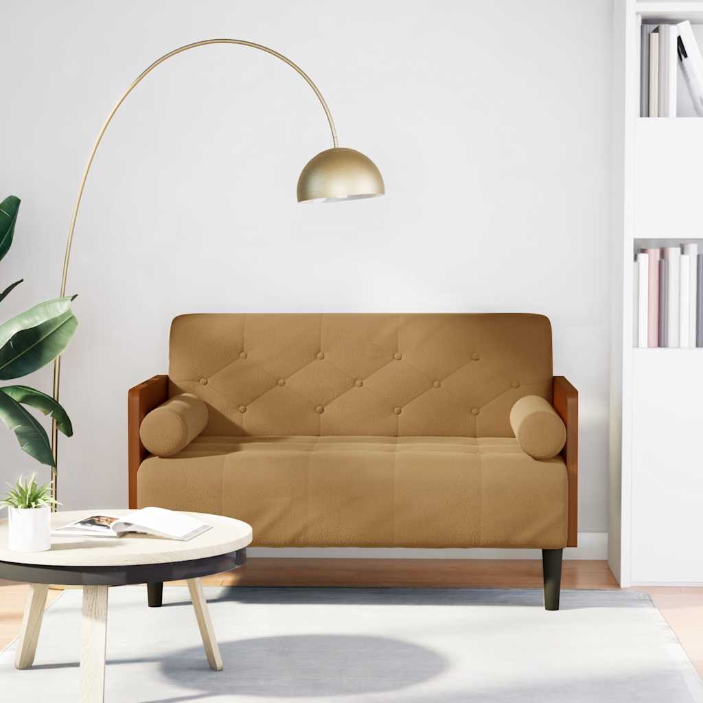 Canapé deux places avec traversins, marron, velours 110 cm