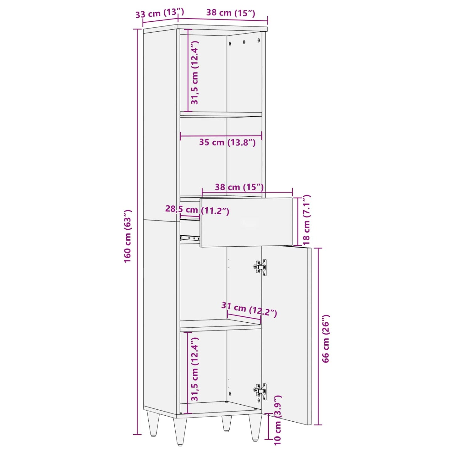 Badezimmerschrank mit Schubladen Mehrfarbig 38 x 33,5 x 160 cm