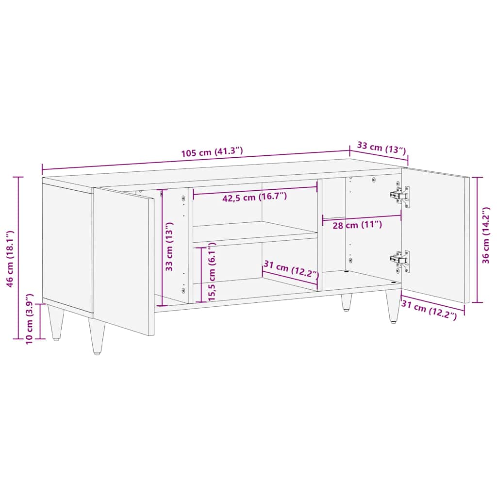 TV-Schränk mit Tür Honigbraun 105 x 33 x 46 cm Massivholz Mango