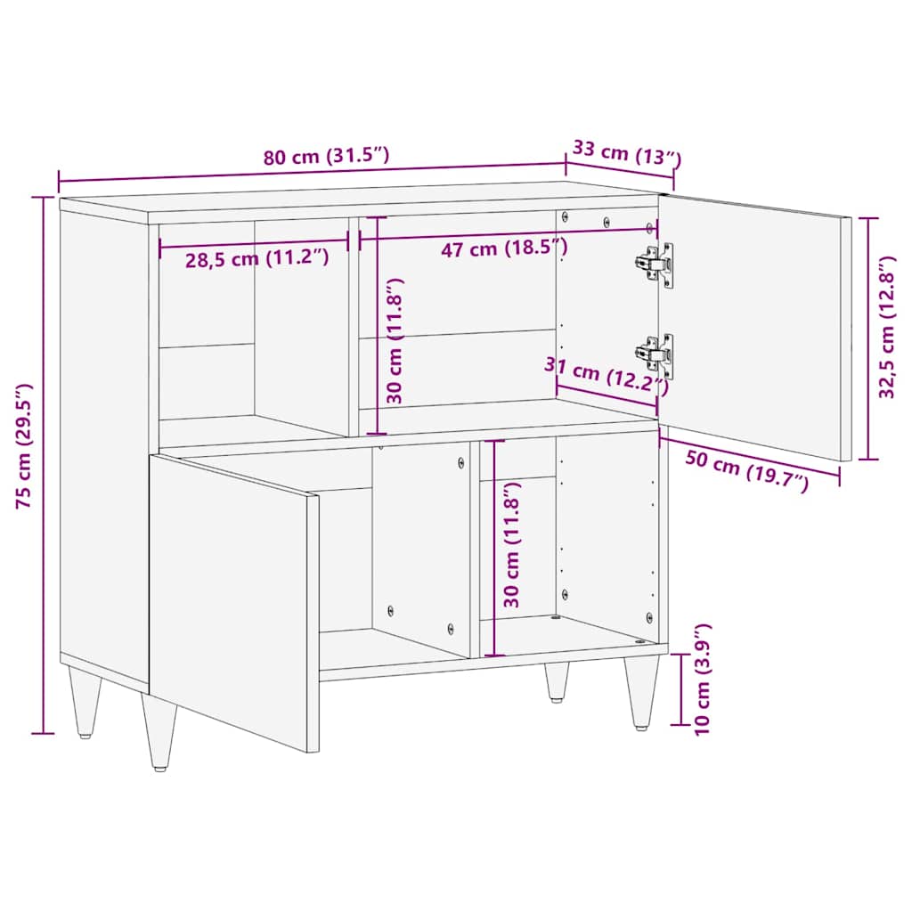Sideboard mit Regal Braun 80 x 33 x 75 cm Massivholz Mango