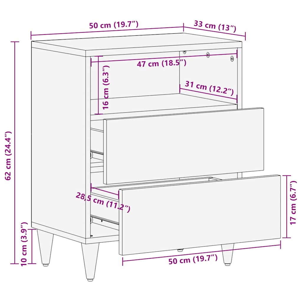 Nachttisch Schwarz 50 x 33 x 62 cm Massivholz Mango