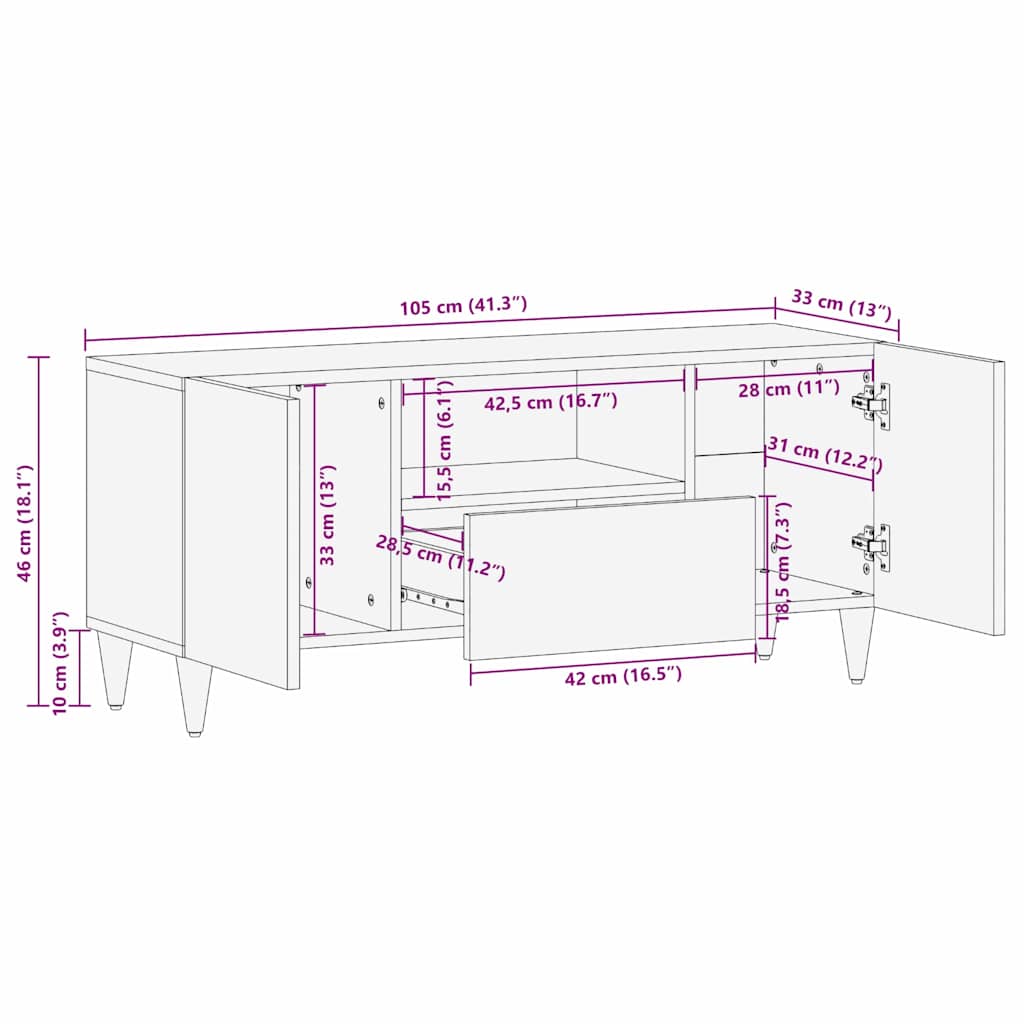 TV-Schränk mit Regal Schwarz 105 x 33 x 46 cm Massivholz Mango