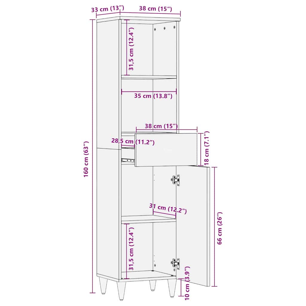 Badezimmerschrank Schwarz 38 x 33 x 160 cm Massivholz Mango