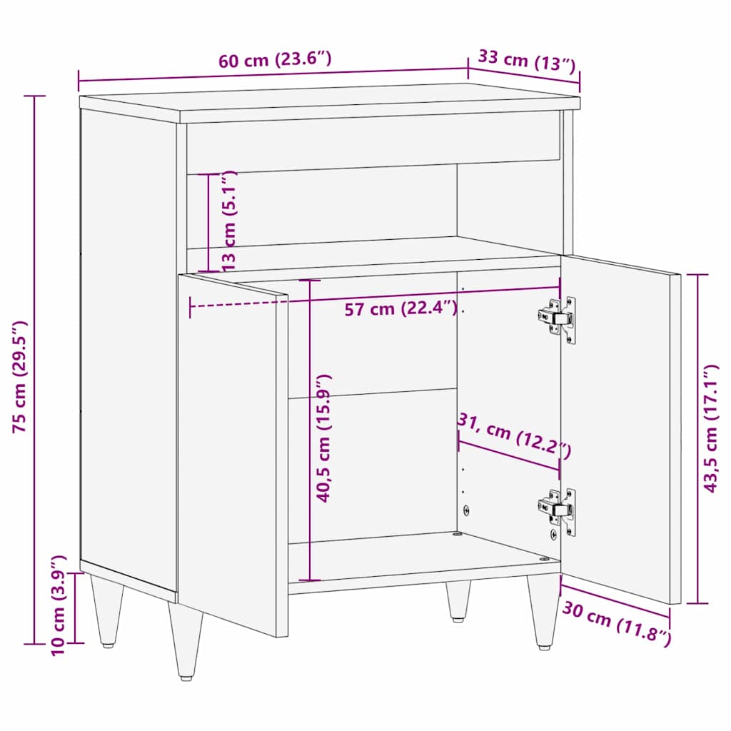 Sideboard mit Regal Schwarz 60 x 33 x 75 cm Massivholz Mango