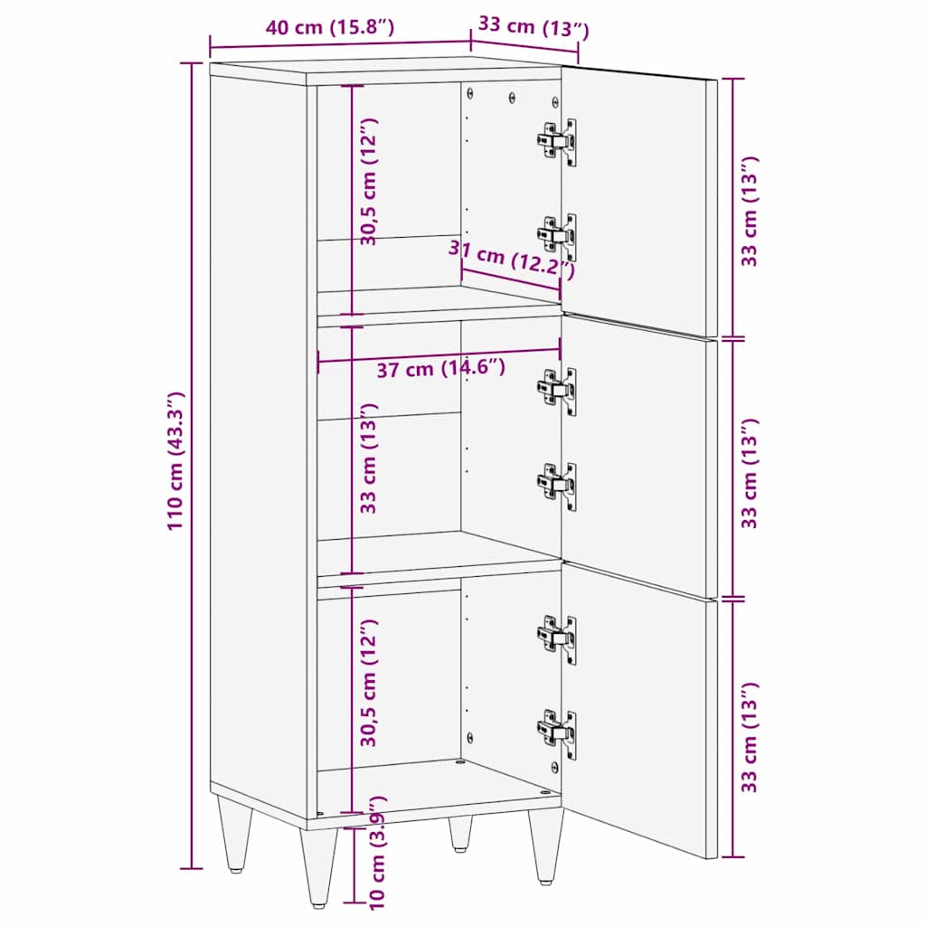 Highboard mit Regal Schwarz 40 x 33 x 110 cm Massivholz Mango