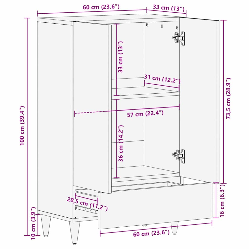 Highboard Schwarz 60 x 33 x 100 cm Massivholz Mango