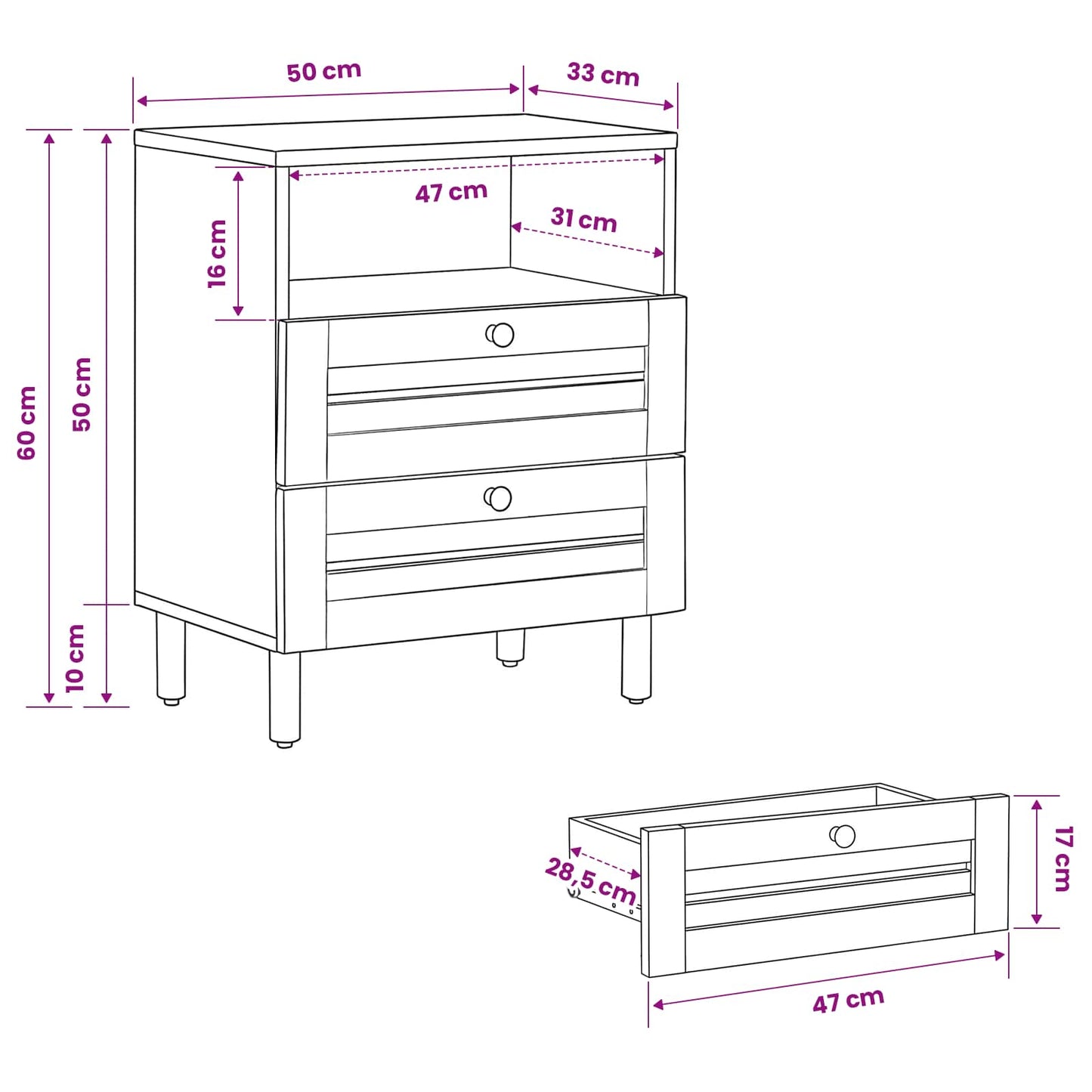 Nachttisch Braun und Schwarz 50 x 33 x 60 cm Massivholz Mango