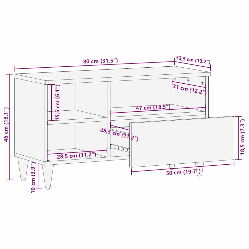TV-Schränk mit Regal Braun 80 x 33,5 x 46 cm Massivholz Mango