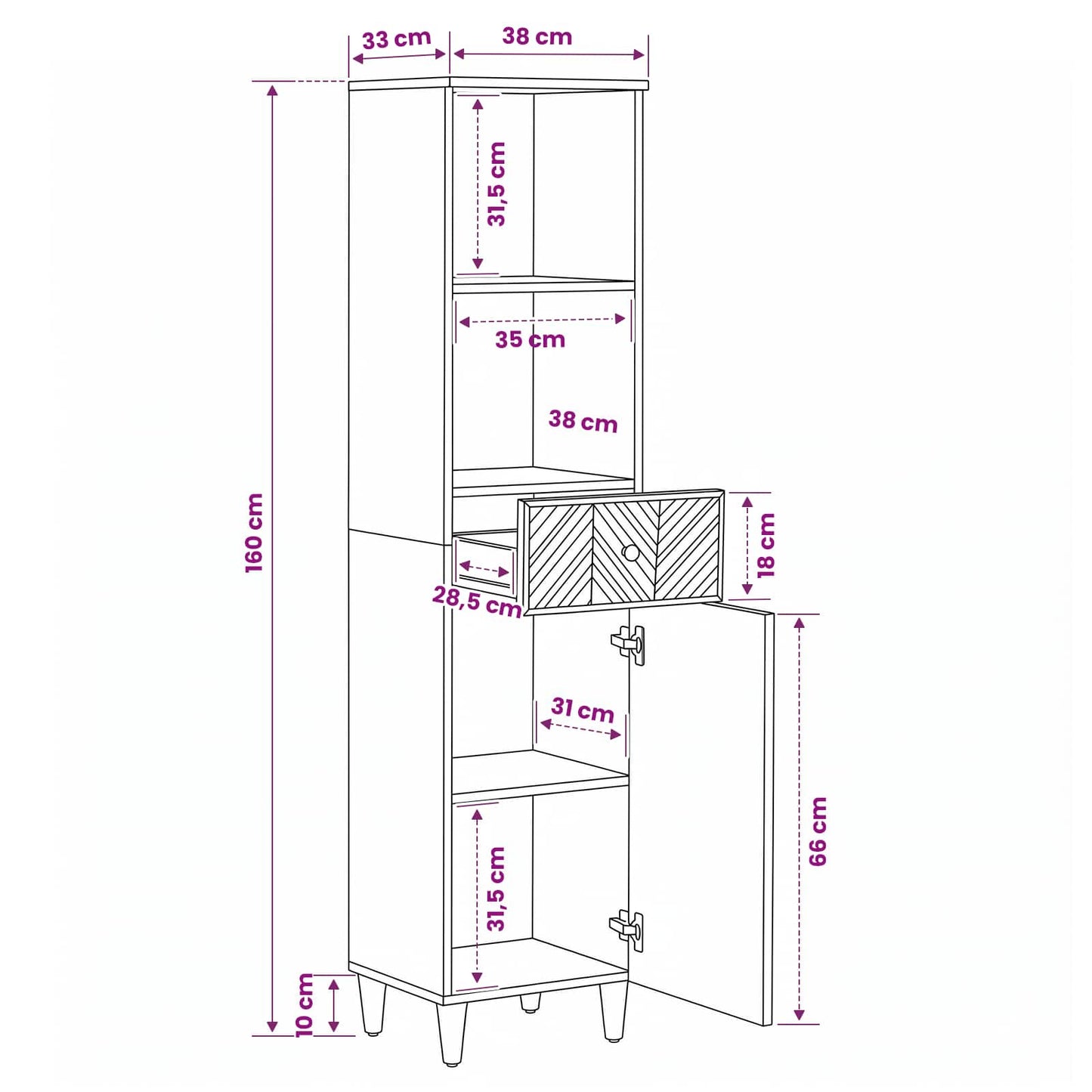 Badezimmerschrank Braun 38 x 33,5 x 160 cm Massivholz Mango