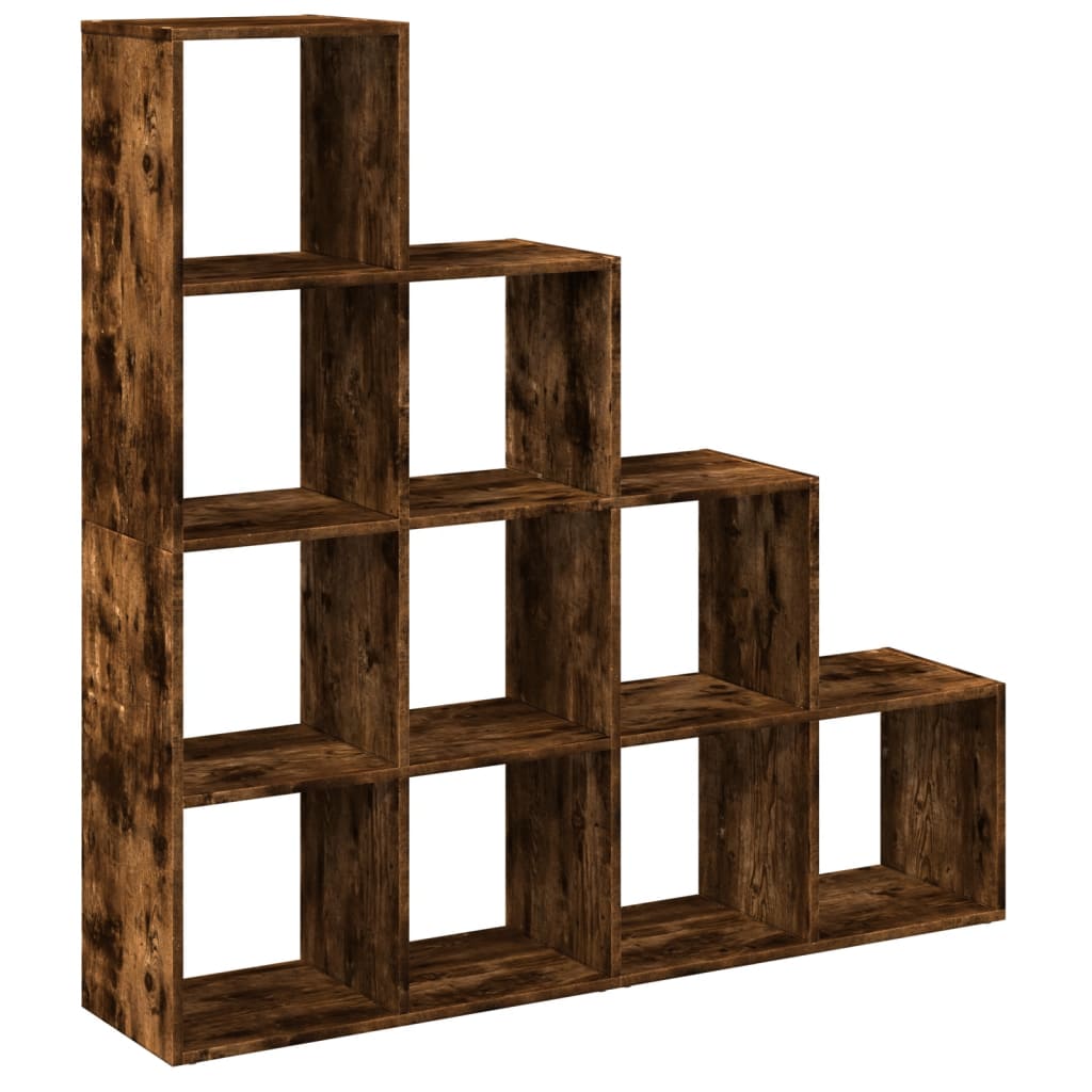 Bibliothèque séparateur de pièce 4 niveaux chêne fumé 131,5x29x131,5 cm