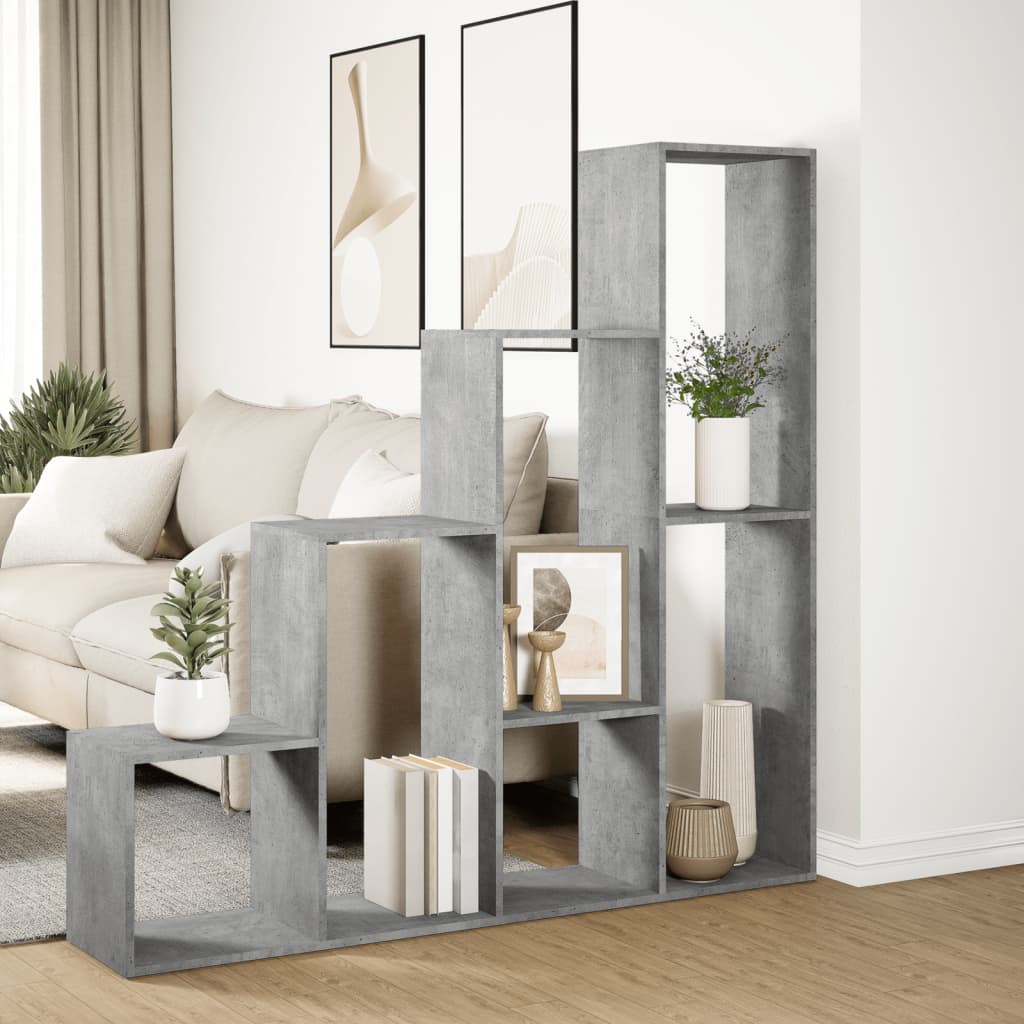 Bibliothèque séparateur de pièce 4 niveaux gris béton 143,5x29x143,5 cm